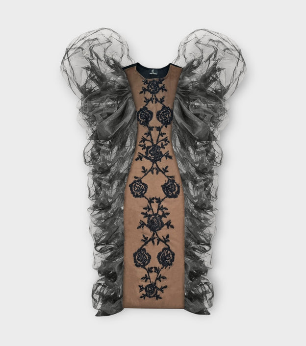 Black Rose Embroidered Tulle Statement Gown