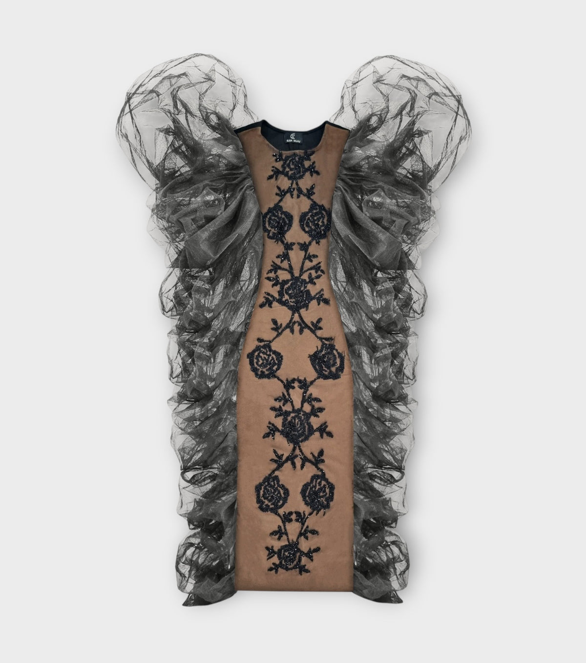 Black Rose Embroidered Tulle Statement Gown