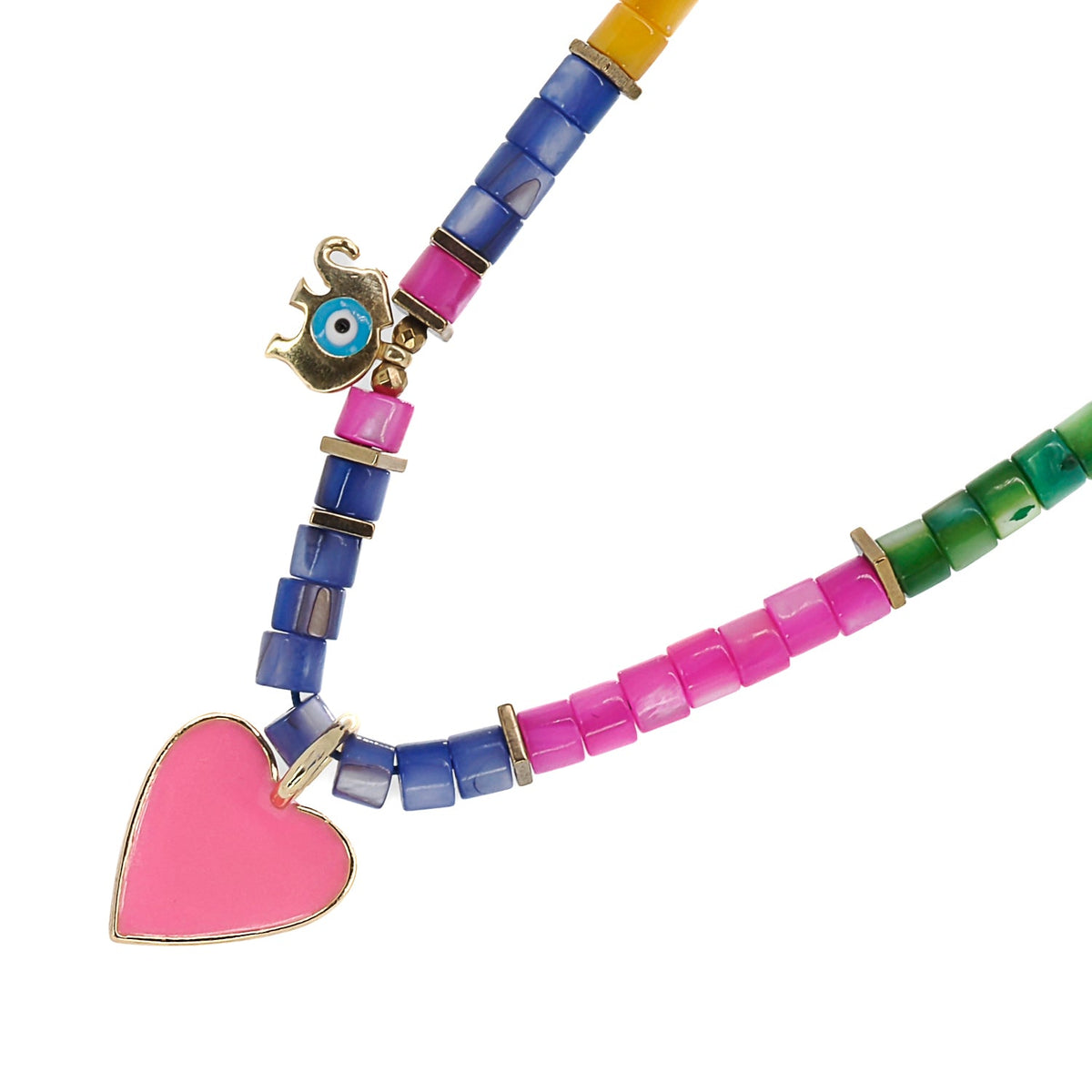 Handcrafted necklace featuring a pink enamel heart pendant, gold elephant charm, and butterfly detail with colorful beads