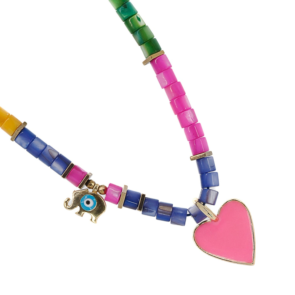 Bright and charming beaded necklace with a pink enamel heart, gold elephant, and butterfly, complemented by multicolor pearls