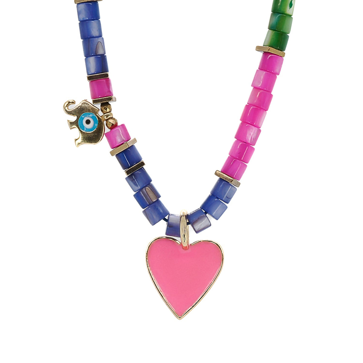 18K gold-plated necklace with pink enamel heart, gold elephant charm, and colorful pearl beads