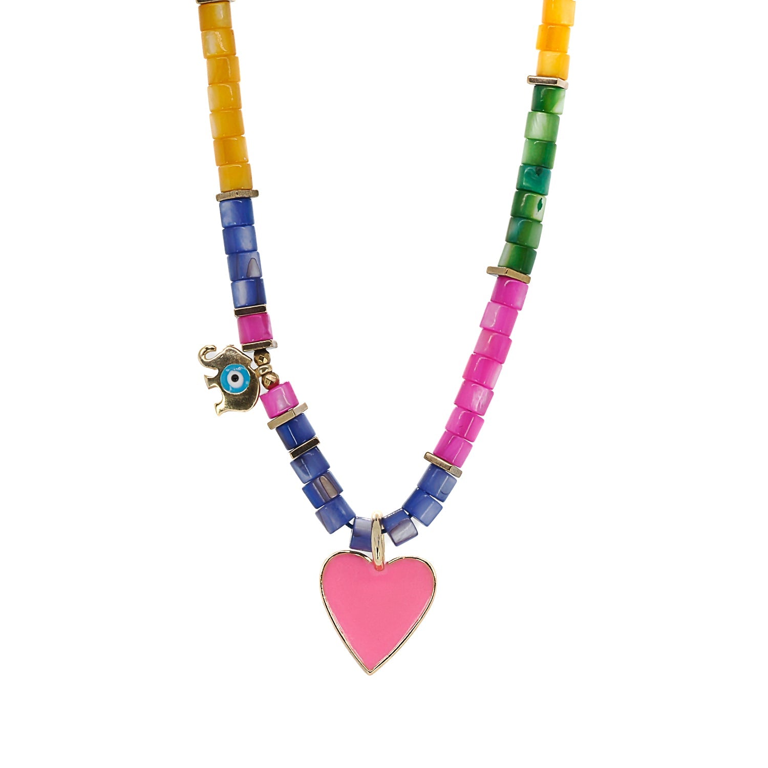 Vibrant necklace with multicolor pearl beads, featuring a pink enamel heart pendant and gold-plated elephant charm