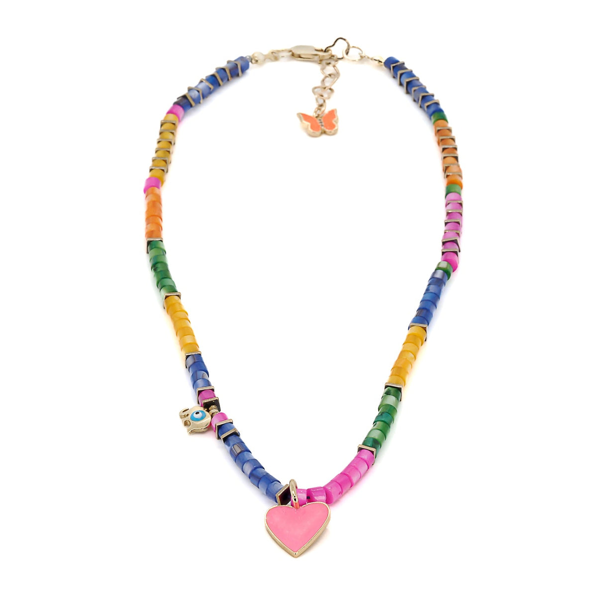 Colorful necklace with gold spacers, pink enamel heart pendant, gold elephant charm, and butterfly accent