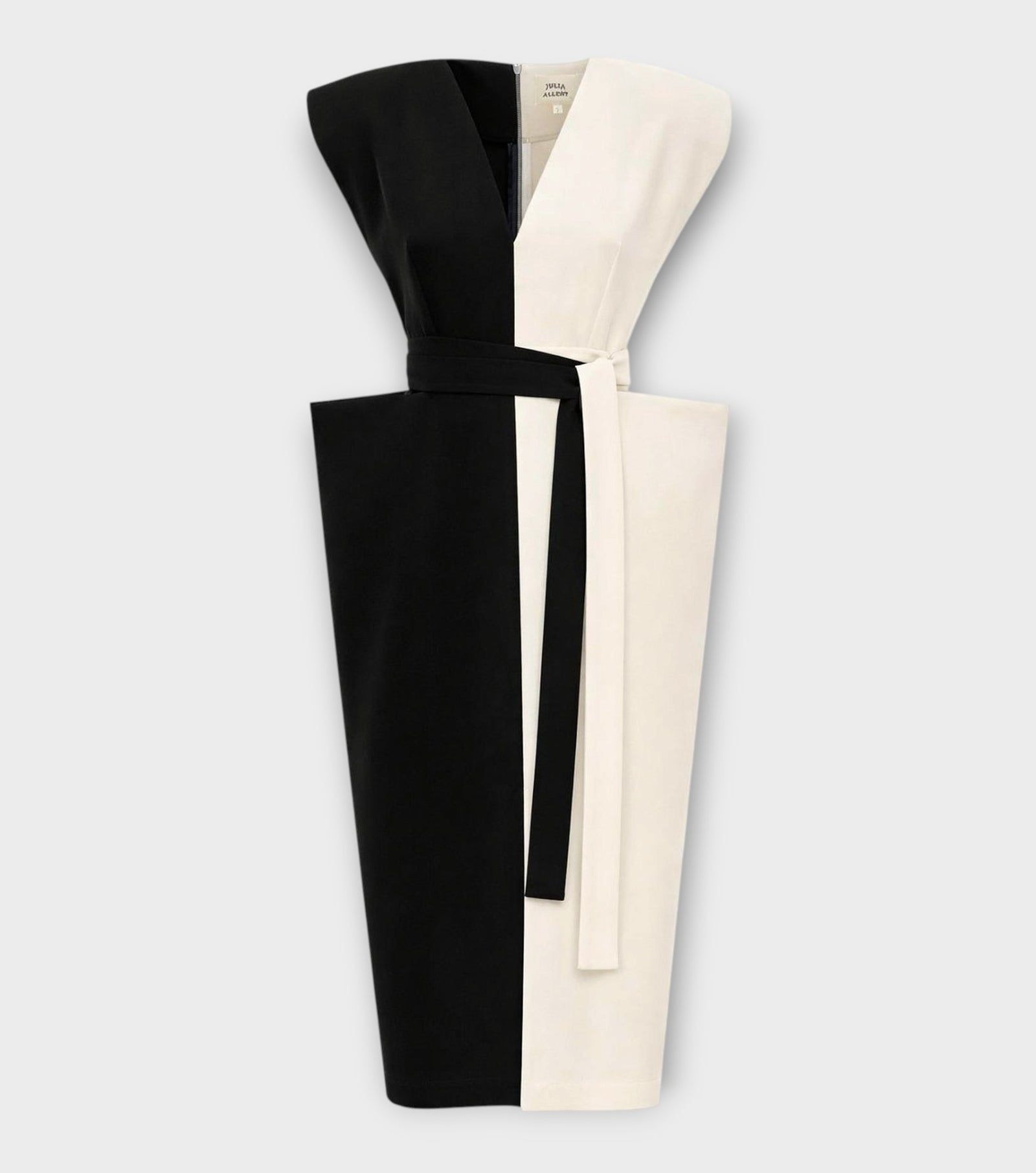 Fashion Midi Dress With Belt And Bold Shoulders – Black & Ivory