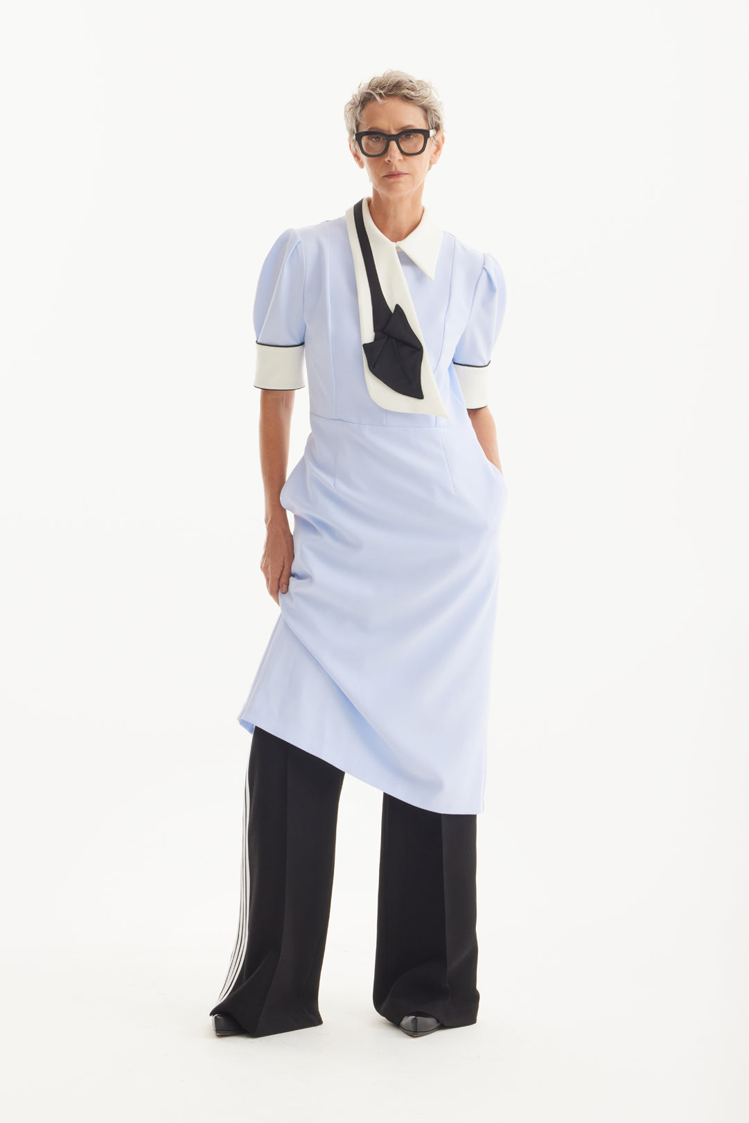 Formal Fitted Dress With White Collar - Office To Evening Style | Light Blue