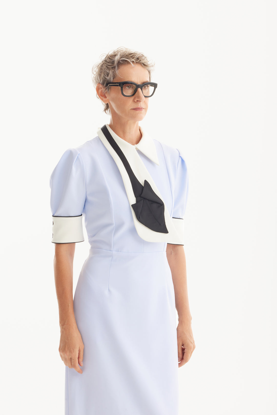 Formal Fitted Dress With White Collar - Office To Evening Style | Light Blue