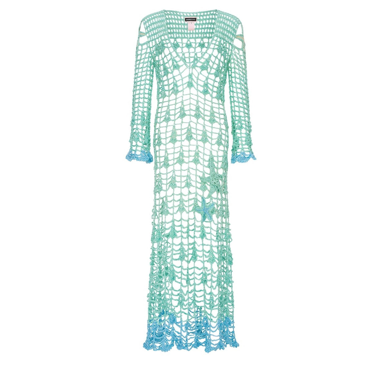 The ANDREEVA Aqua Marine Handmade Maxi Cover-Up Dress is a light aqua green open-knit design with blue accents, crafted from soft Brazilian cotton and detailed with handmade embroidery on its sheer, floor-length silhouette.