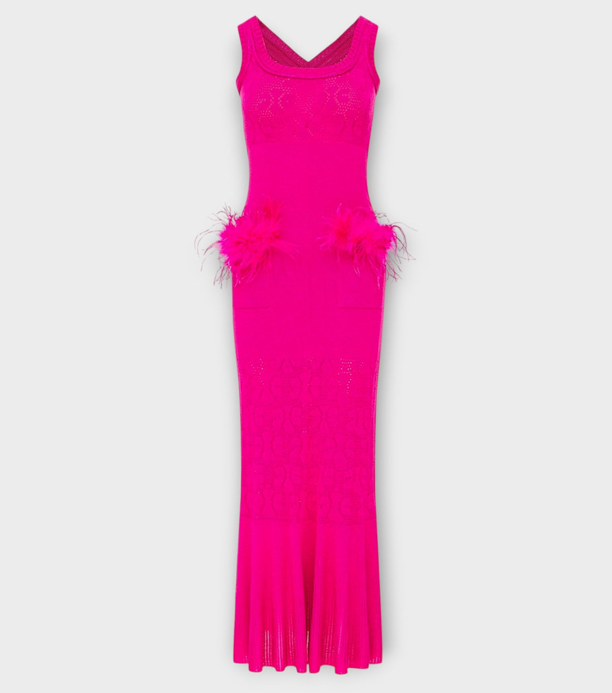 Fuchsia Knit Midi Dress with Ostrich Feather Pockets
