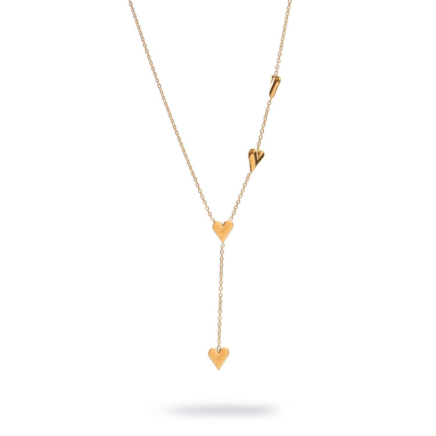 Delicate 18k gold-plated Y necklace with a polished heart charm on a slim chain, featuring a short drop for an elegant, minimalist look.