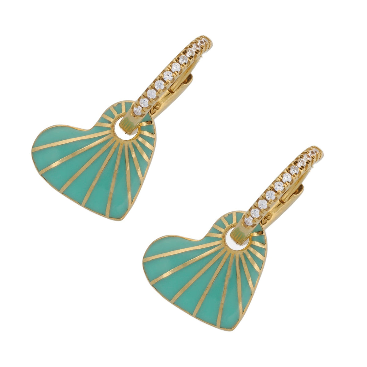 Heart Shaped Earrings with Diamonds and Green Enamel Detail.