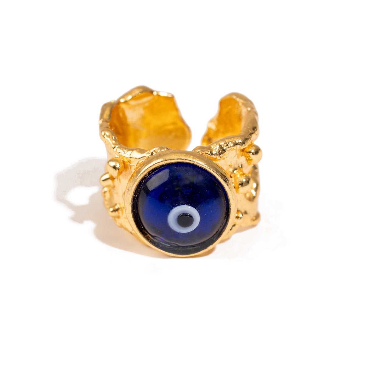 Adjustable 24K gold plated evil eye ring with blue gemstone center and protective talisman design.