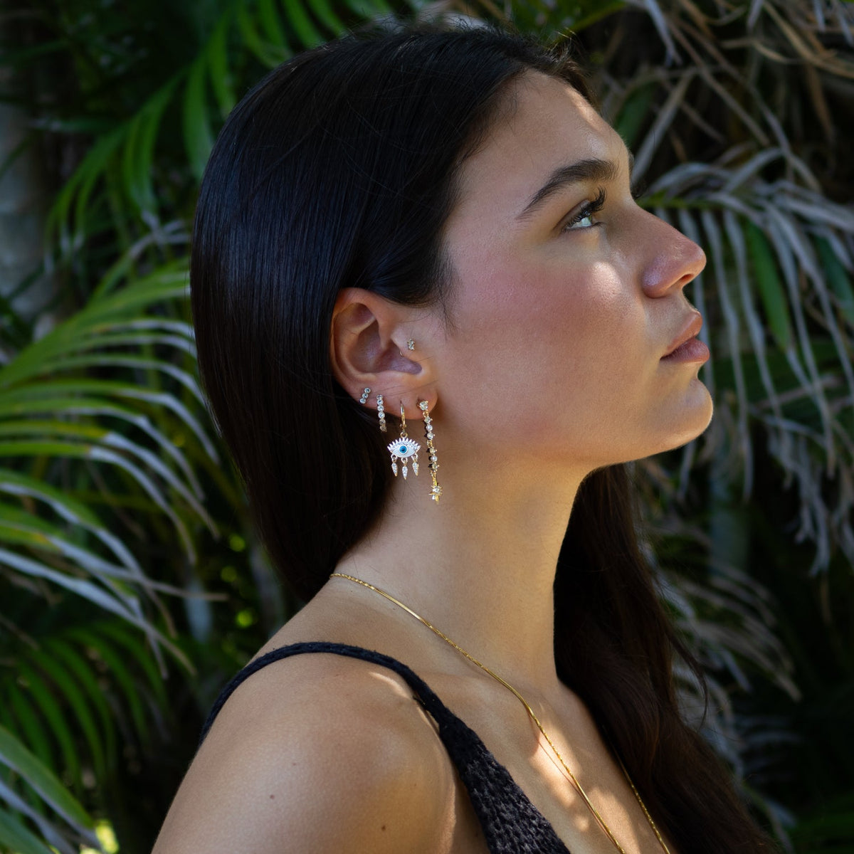 Guidance Star Evil Eye &amp; Diamond Hoop Protection Gold Trio Earring Set