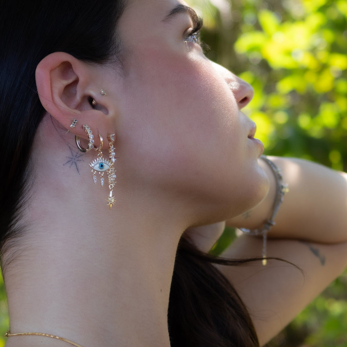 Guidance Star Evil Eye &amp; Diamond Hoop Protection Gold Trio Earring Set