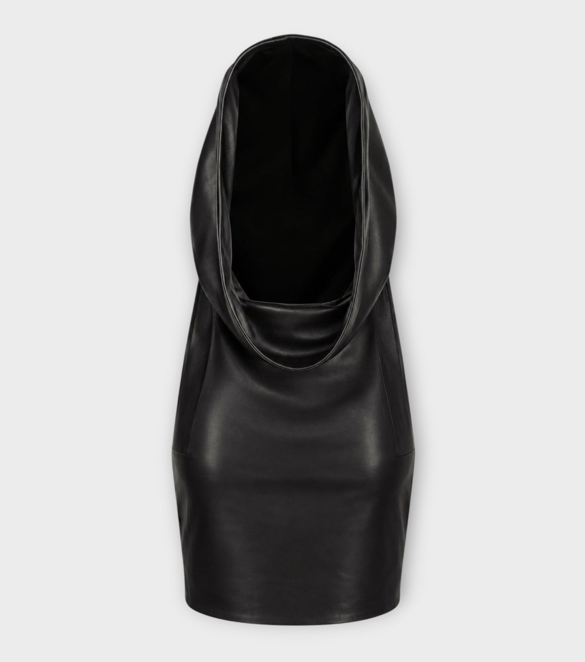 Black Eclipse Backless Hooded Top by HEIRA LEATHERWEAR, featuring a sleeveless design with a large hood and a backless cut.