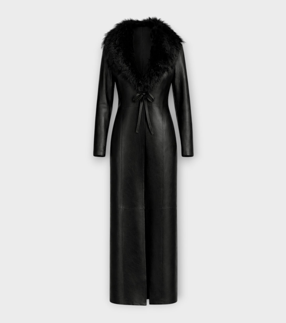 HEIRA LEATHERWEAR Nightfall Trench Coat in black leather, featuring a faux fur collar and a front tie closure.