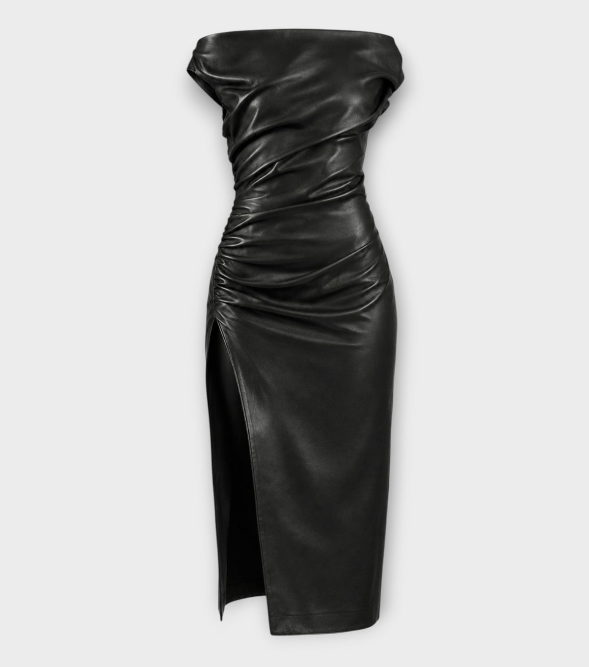 Black strapless Obsidian Sculpted Dress by HEIRA LEATHERWEAR in a smooth material with ruched detailing across the bodice and a high side slit.