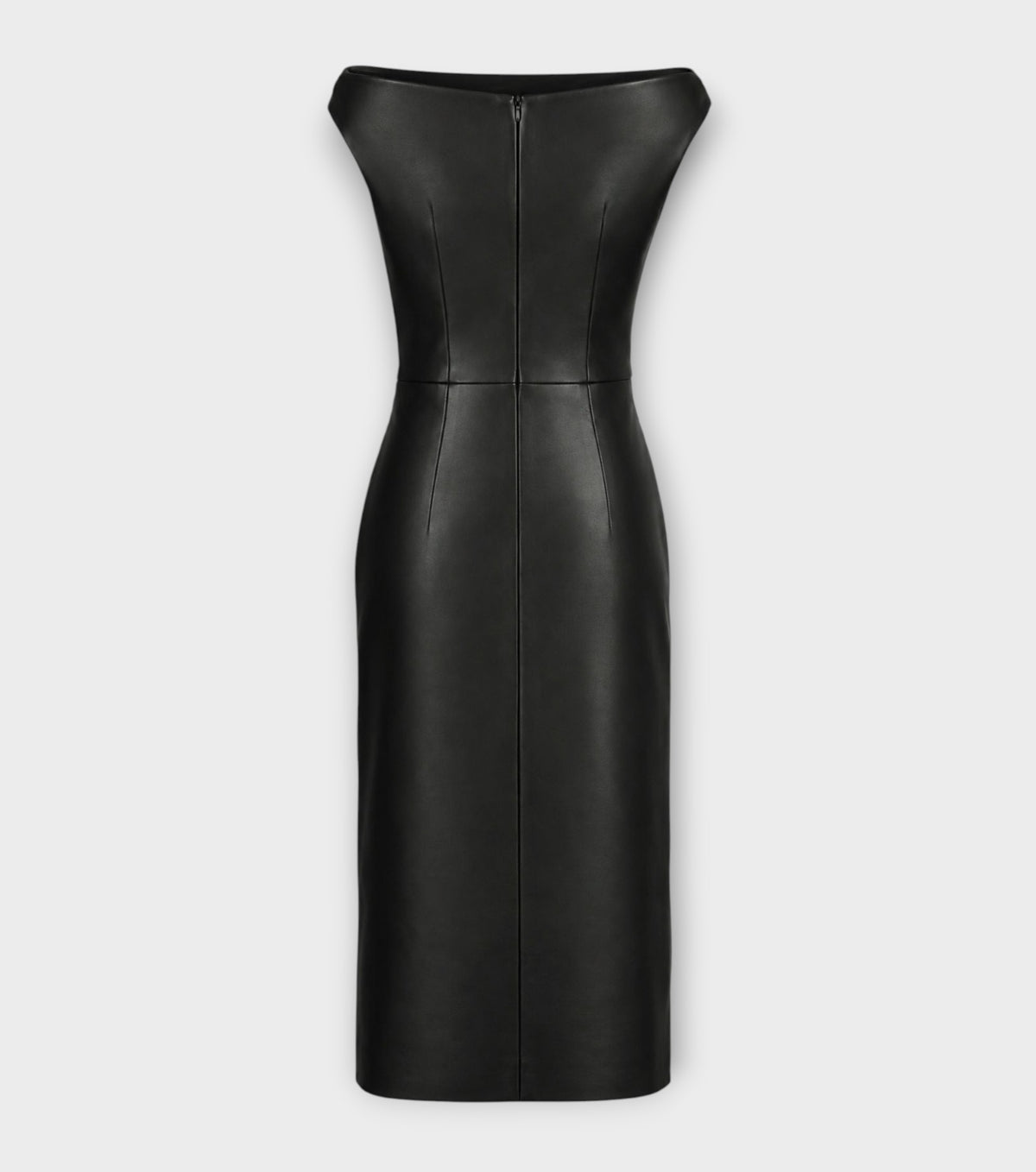 Back view of the black, off-the-shoulder Obsidian Sculpted Dress, featuring a sculpted midi silhouette and a back zipper.
