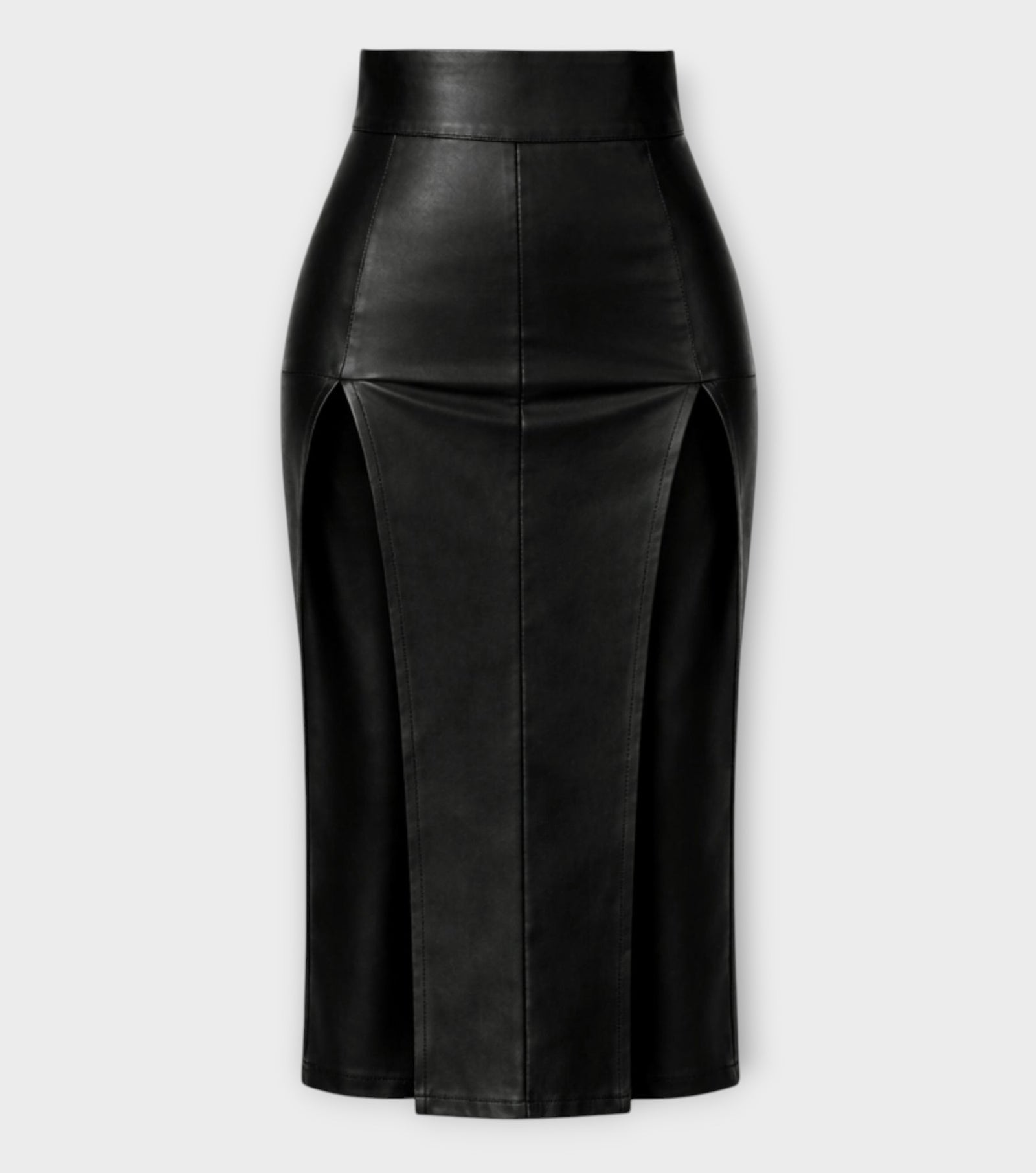 Venus Double Slit Ultra Sexy Skirt, a high-waisted black lambskin leather midi skirt with two long side slits.