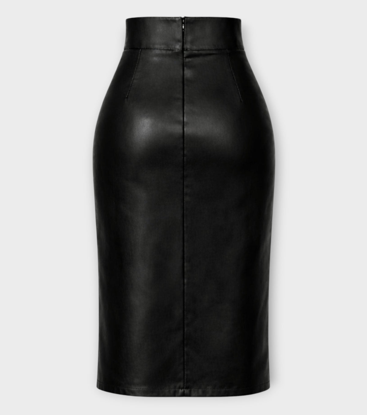 Back view of the Venus Double Slit Ultra Sexy Skirt in high-waisted lambskin leather, featuring a center back seam and zipper.