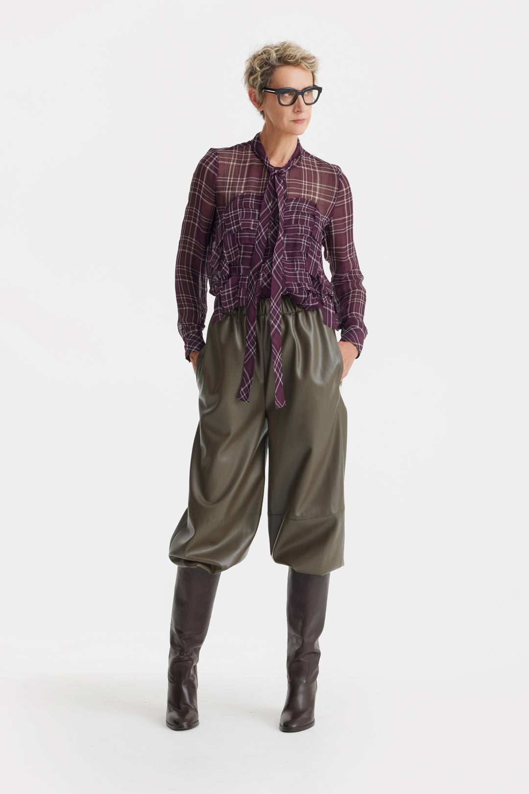 Designer Sheer Plaid Shiffon Shirt Burgundy