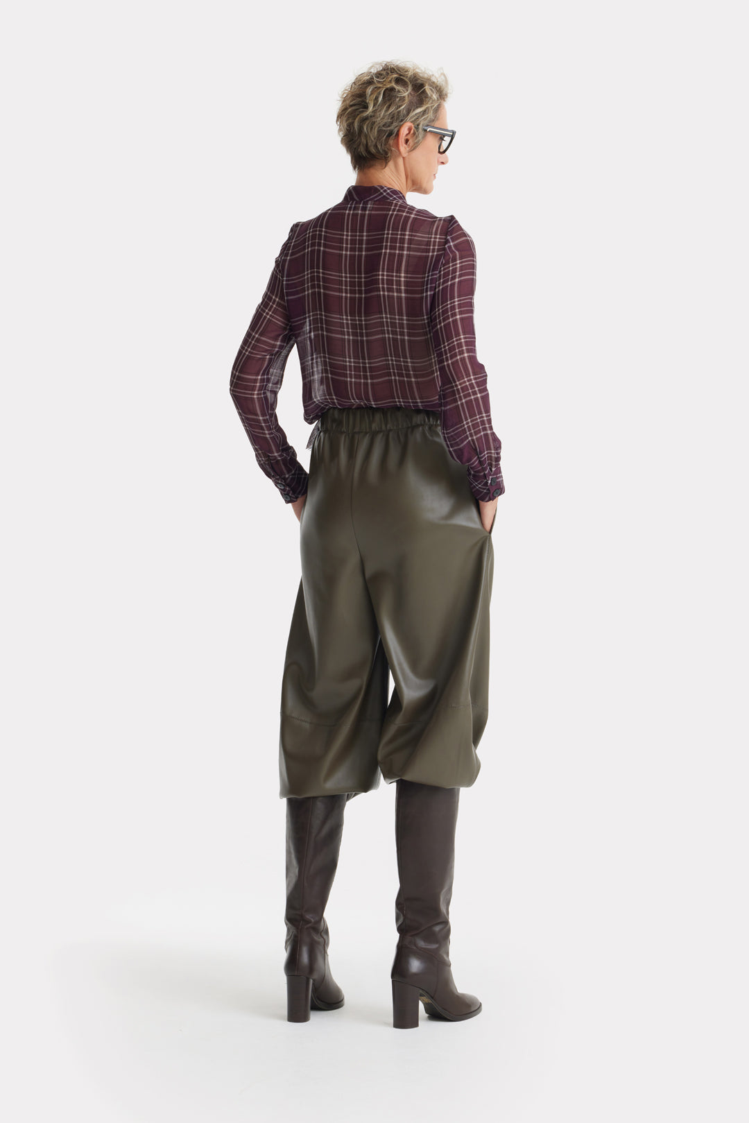 Designer Sheer Plaid Shiffon Shirt Burgundy