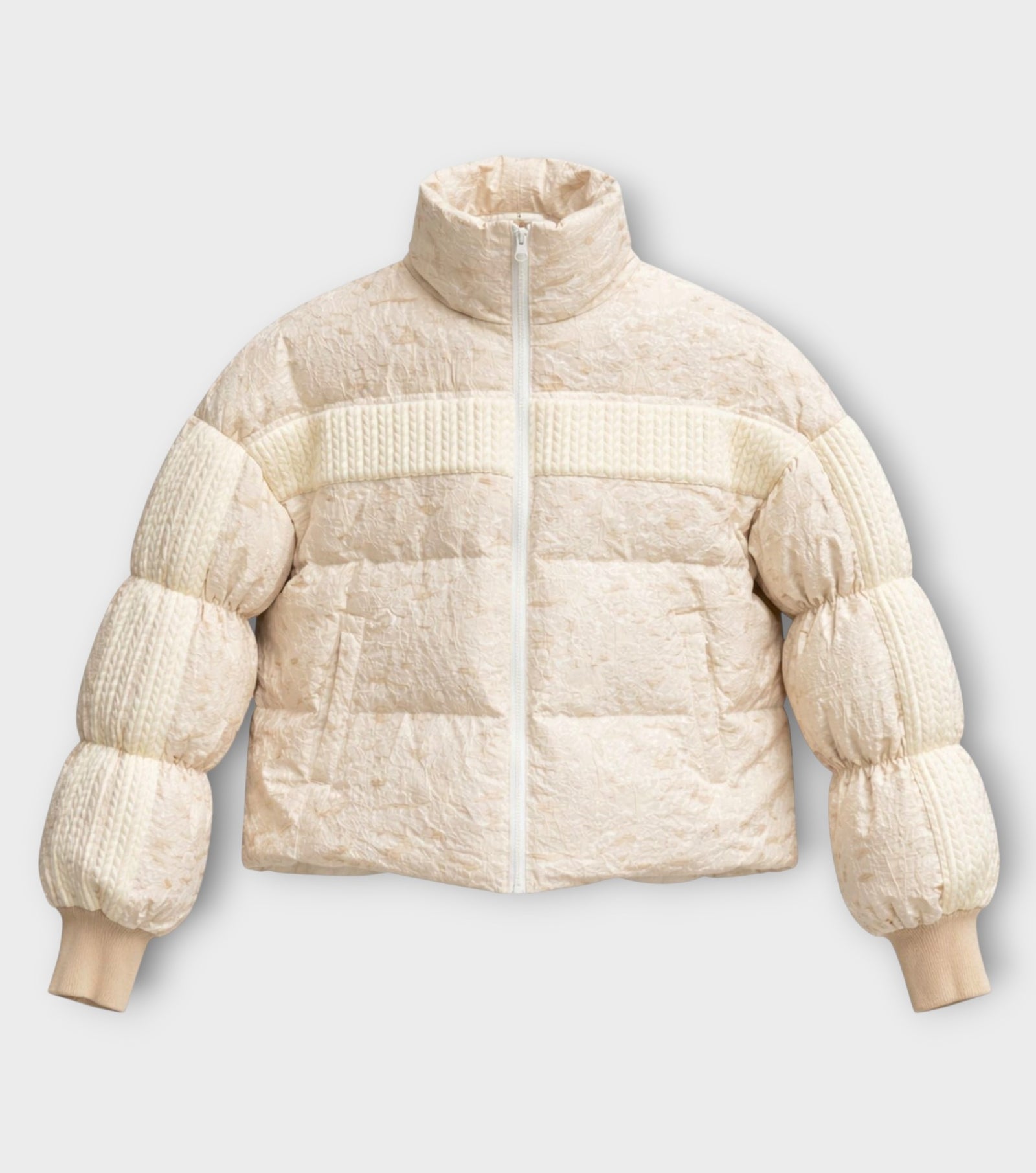 White Sculptural STREAM Puffer Jacket with Ribbed Sleeves