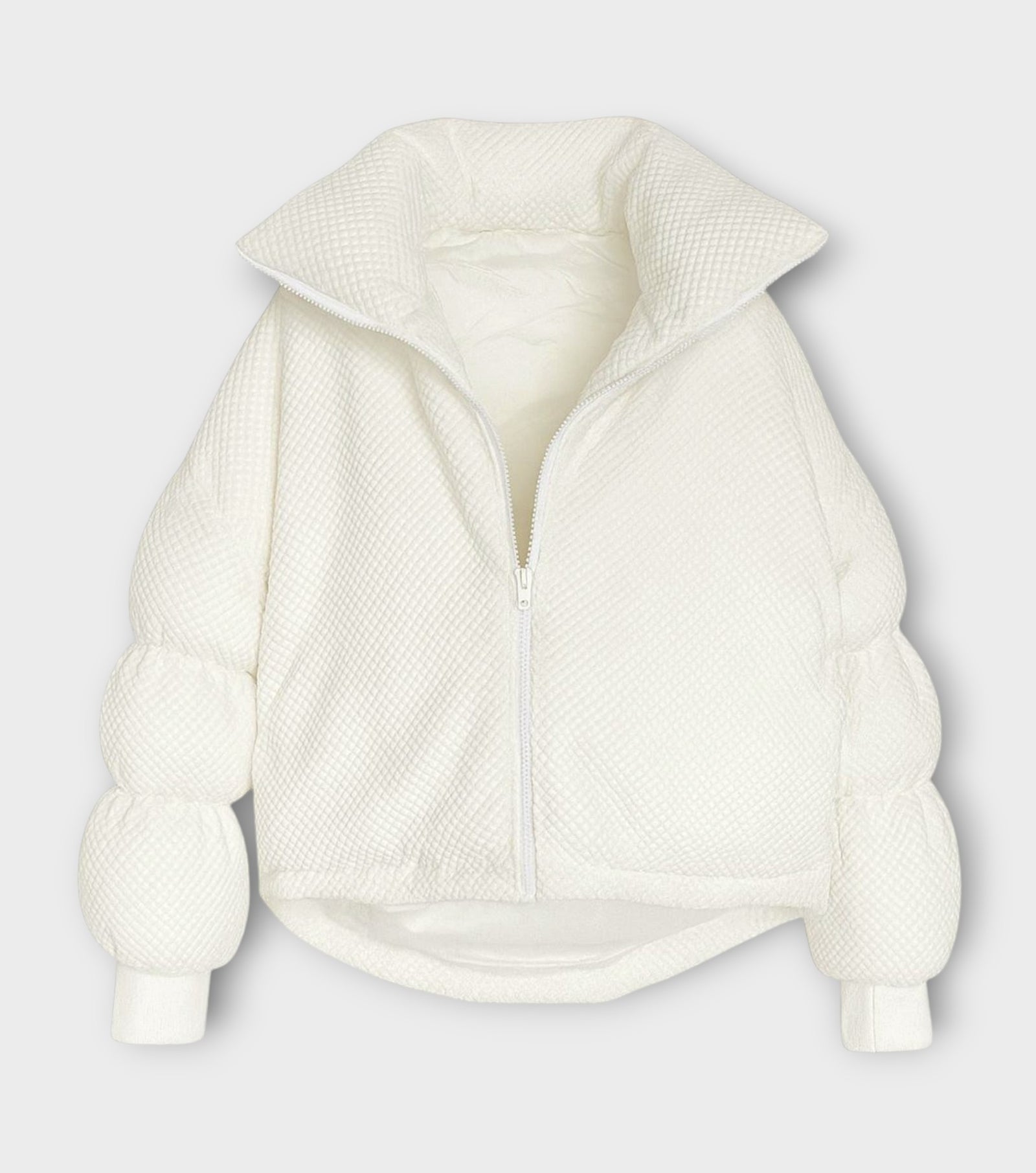 White Textured MIST Puffer Jacket with Curved Hem | PR Sample