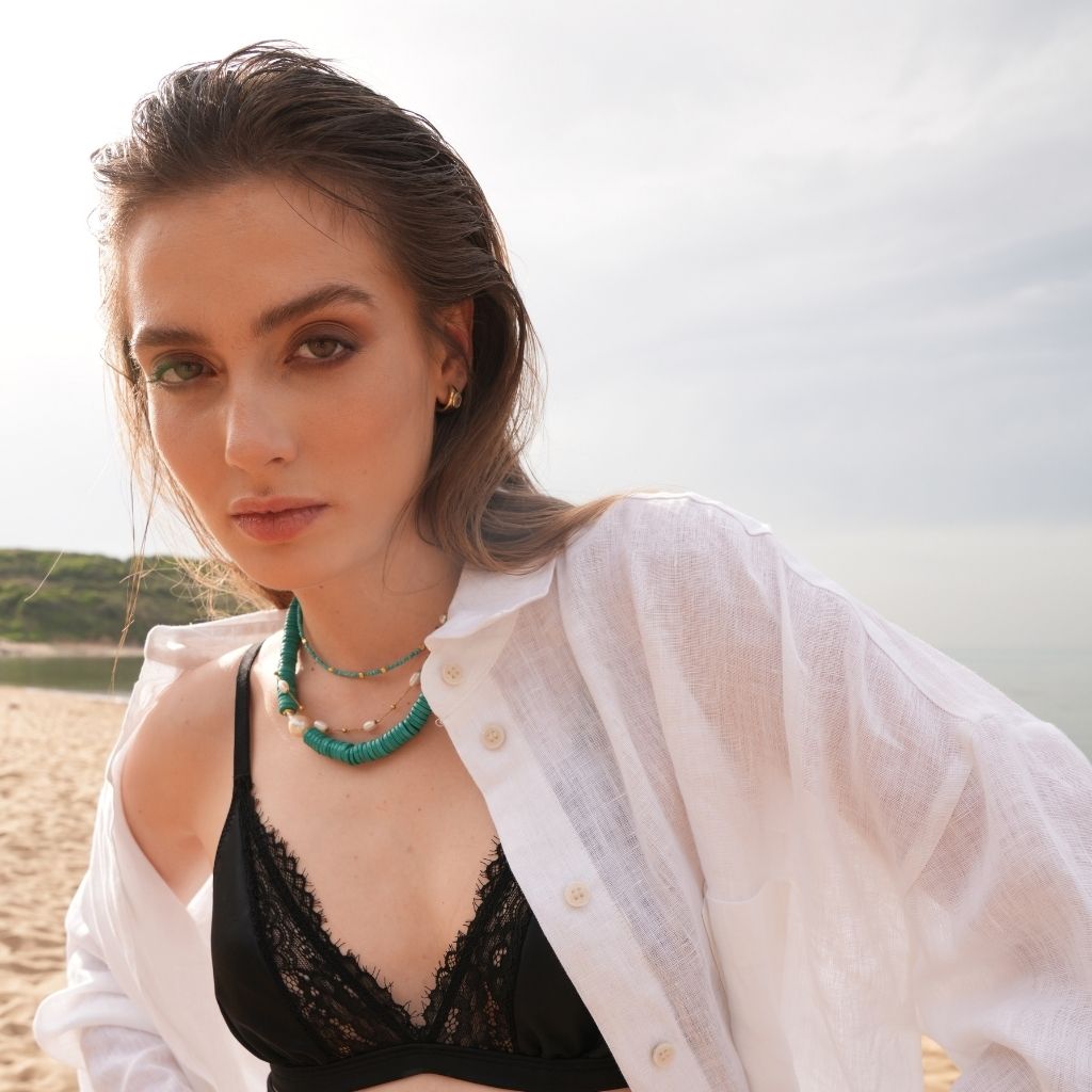 LINYA JEWELLERY - Alya Chunky Turquoise Necklace with Large Pearl, buy at DOORS NYC