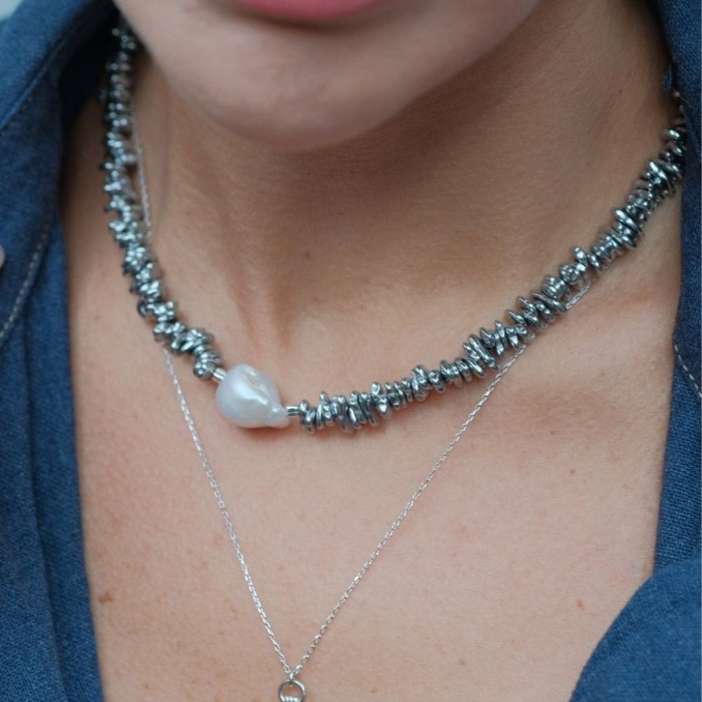 LINYA JEWELLERY - Halia Gray Hematite Necklace with Baroque Pearl, buy at DOORS NYC