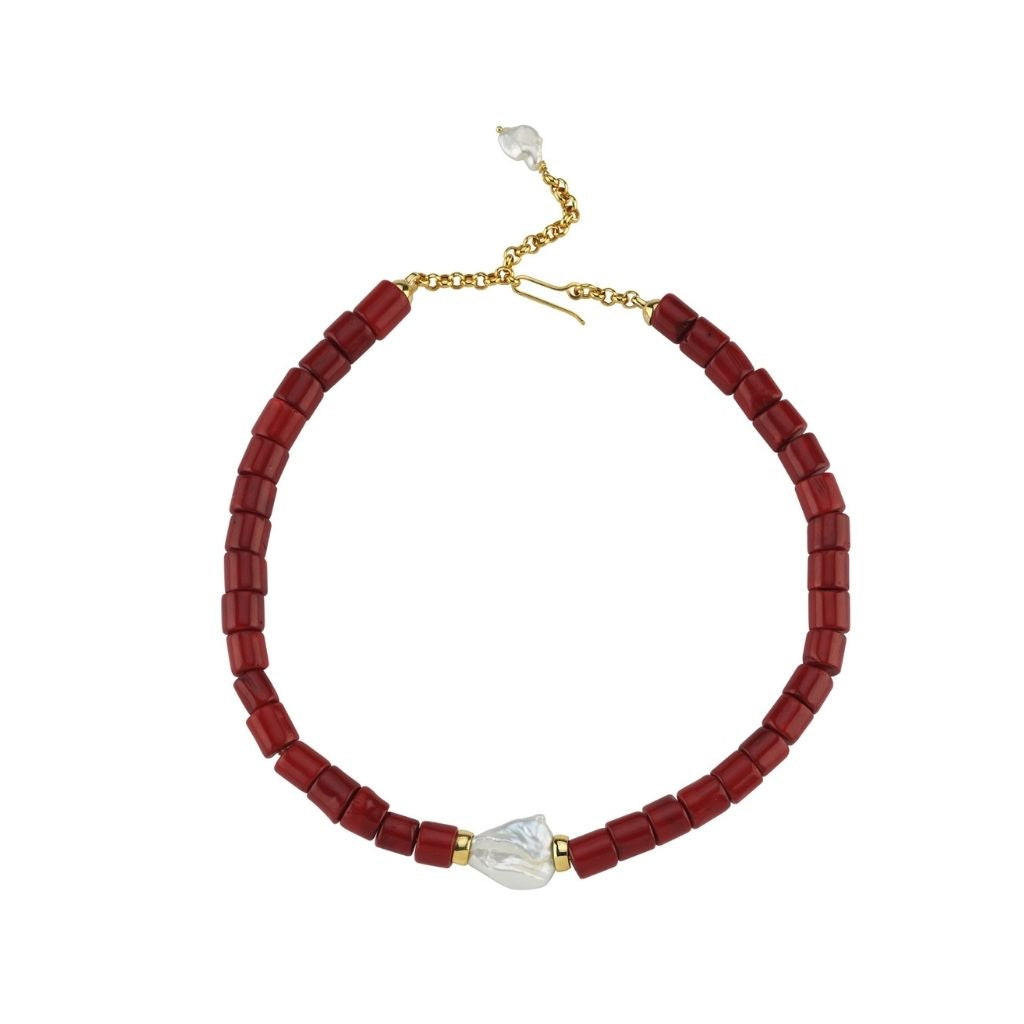 LINYA JEWELLERY - Harmonia Chunky Red Coral Necklace with Baroque Pearl, buy at DOORS NYC