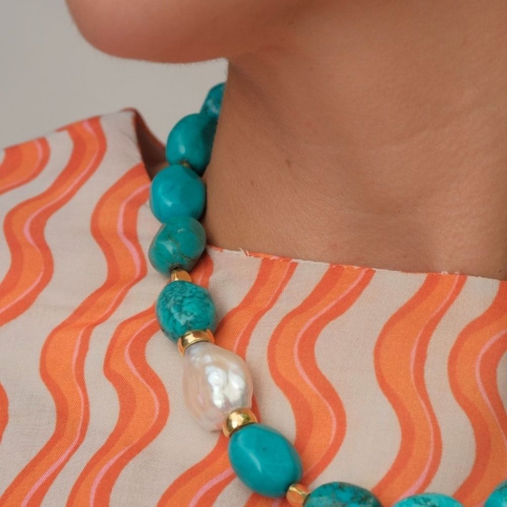 LINYA JEWELLERY - Kallisti Turquoise Gemstone Necklace with Baroque Pearl, buy at DOORS NYC