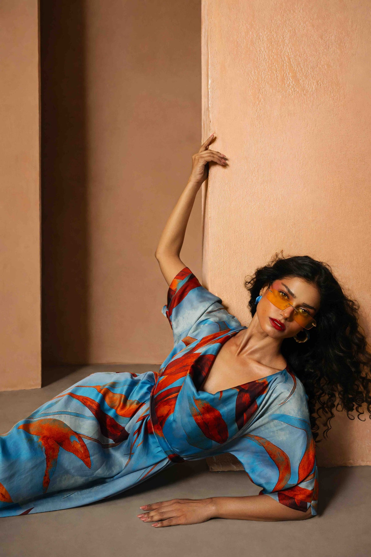 IEVA - Blue Multicolour Cowl Midi Dress with Sequins, worn, buy at DOORS NYC