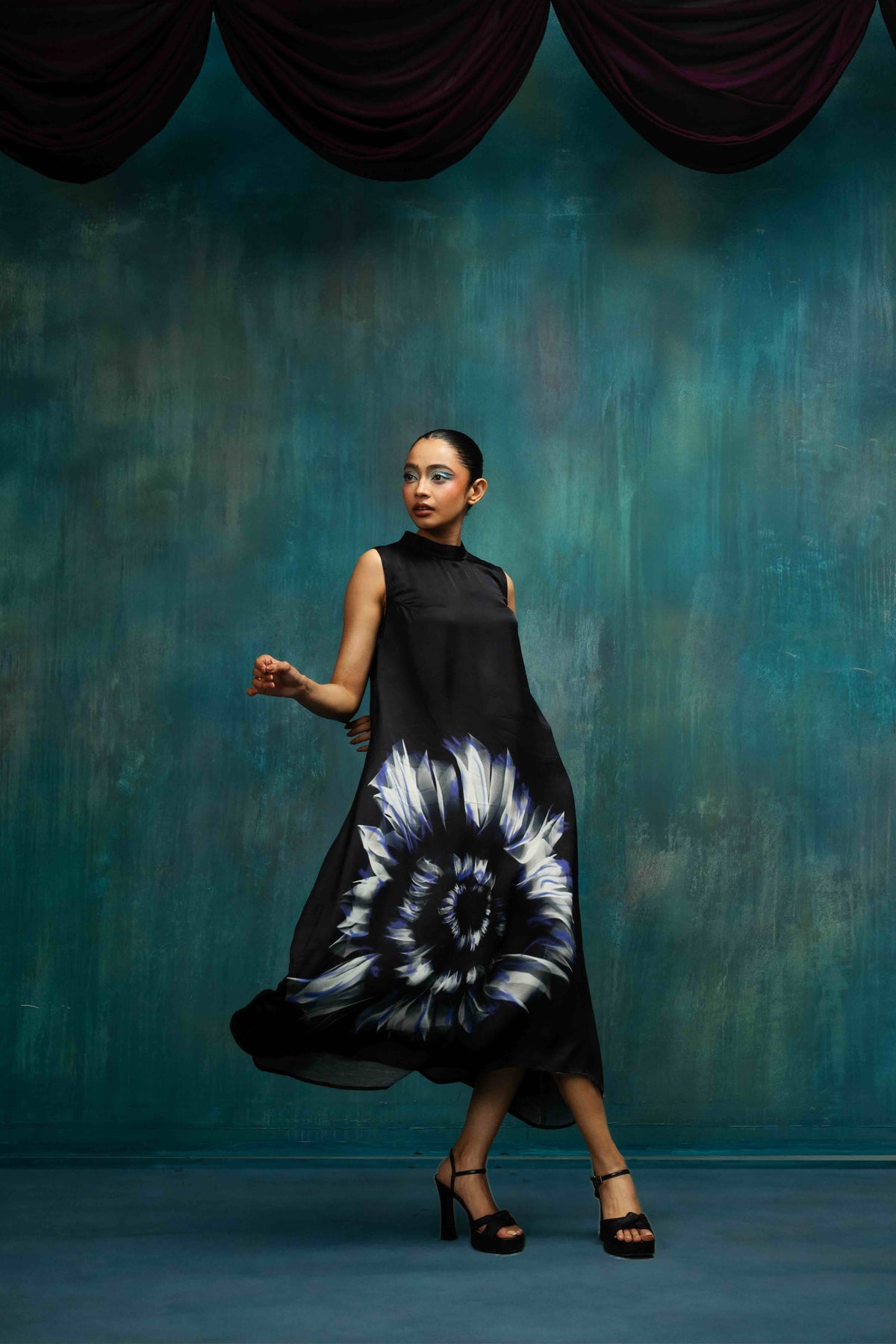IEVA - Black Floral Sequin Flare Midi Dress, worn, buy at DOORS NYC
