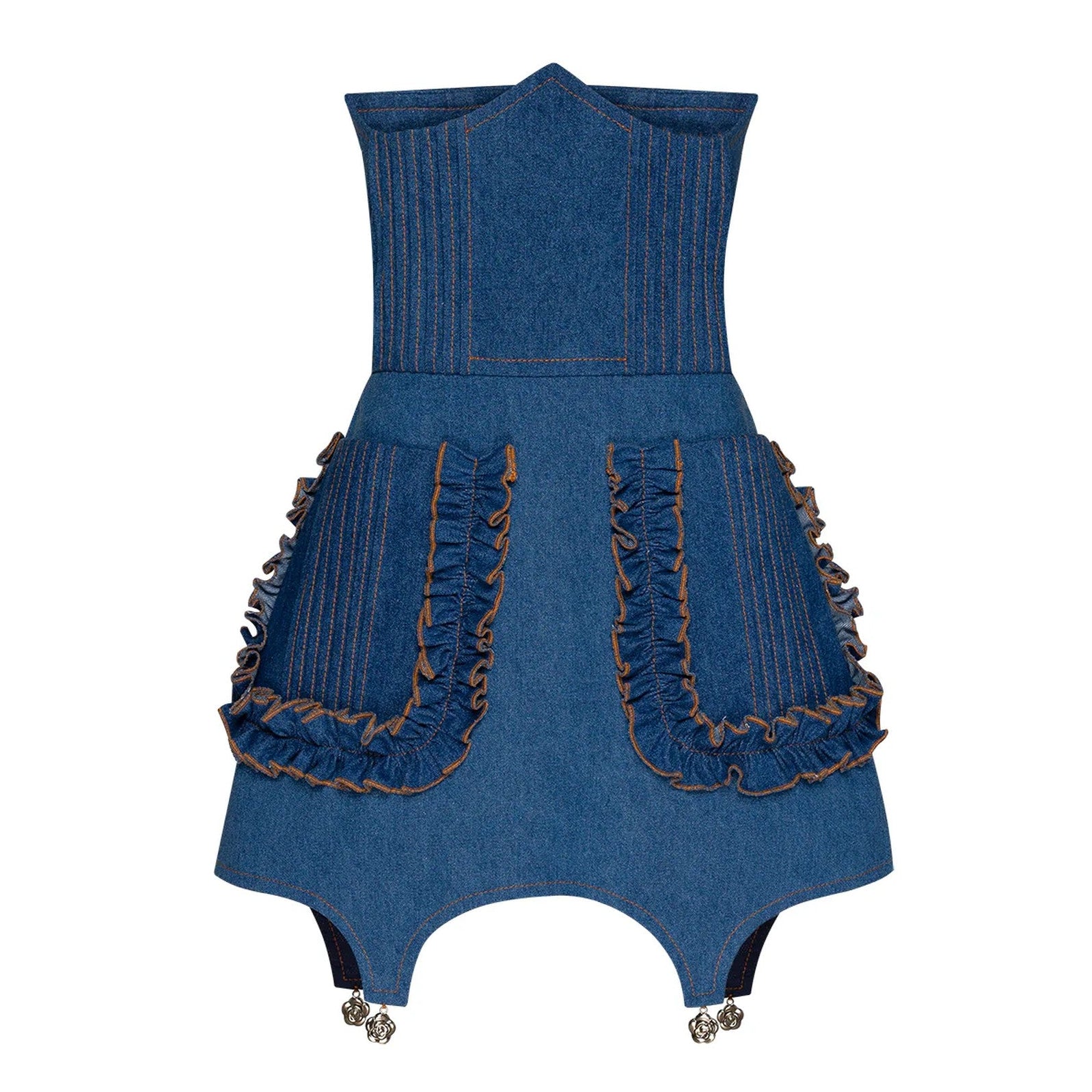 Blue denim corset skirt with ruffled details on a white background