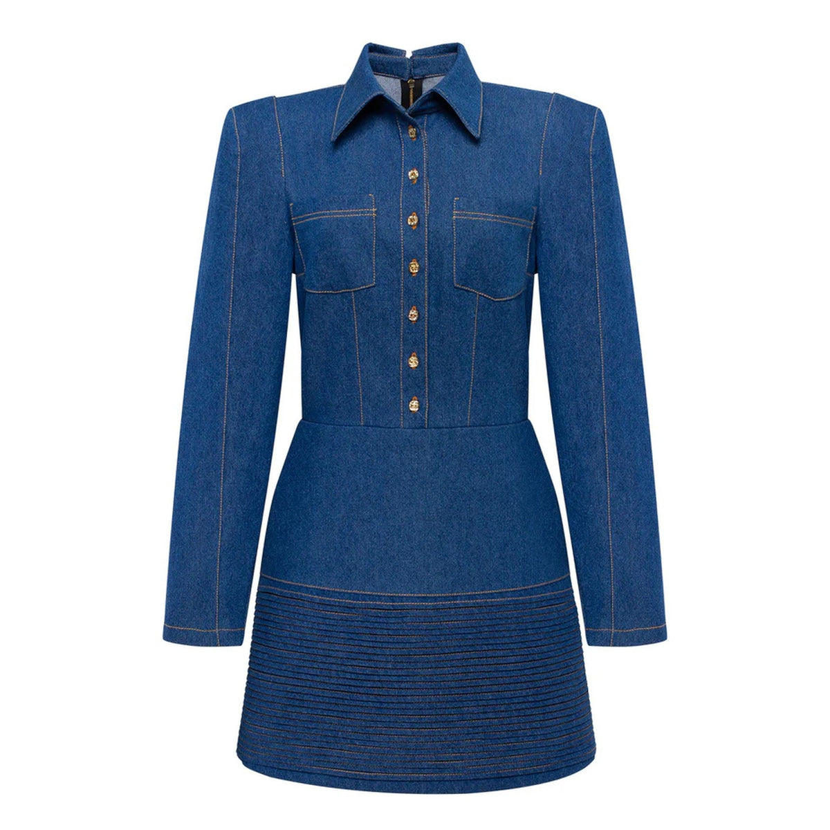 Blue denim dress with long sleeves on a white background