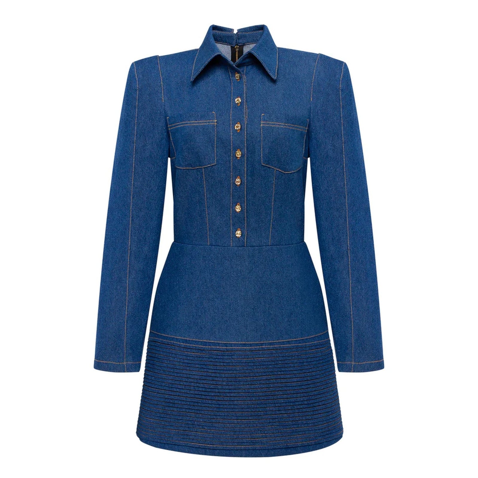 Blue denim dress with long sleeves on a white background