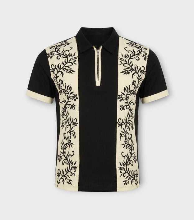 Black Floral-Embroidered Panel Shirt