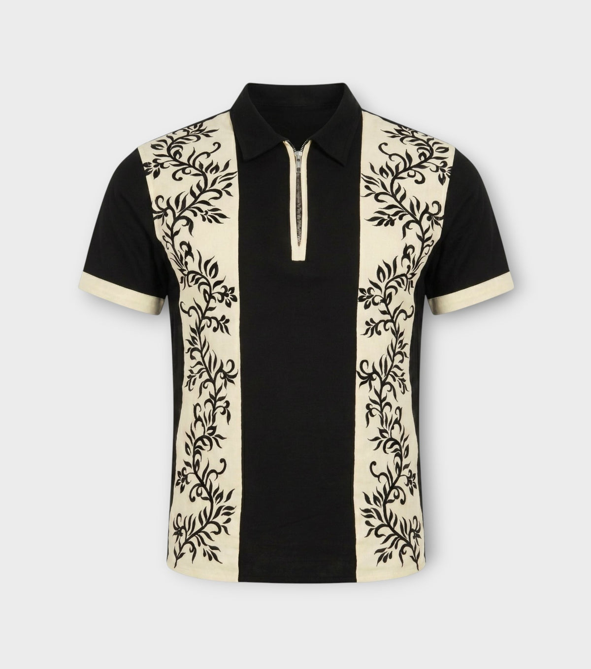Black Floral-Embroidered Panel Shirt