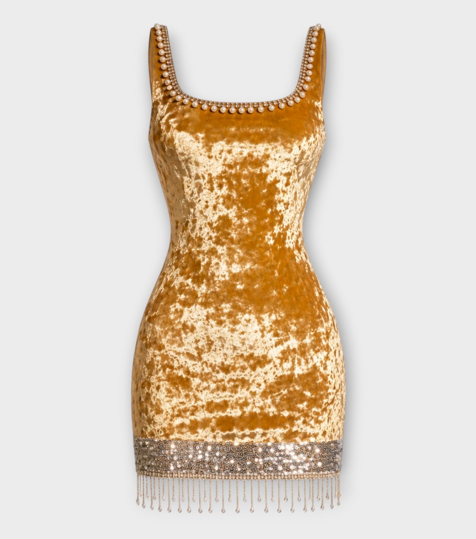 Mustard Velvet Pearl Mini Dress | PR Sample