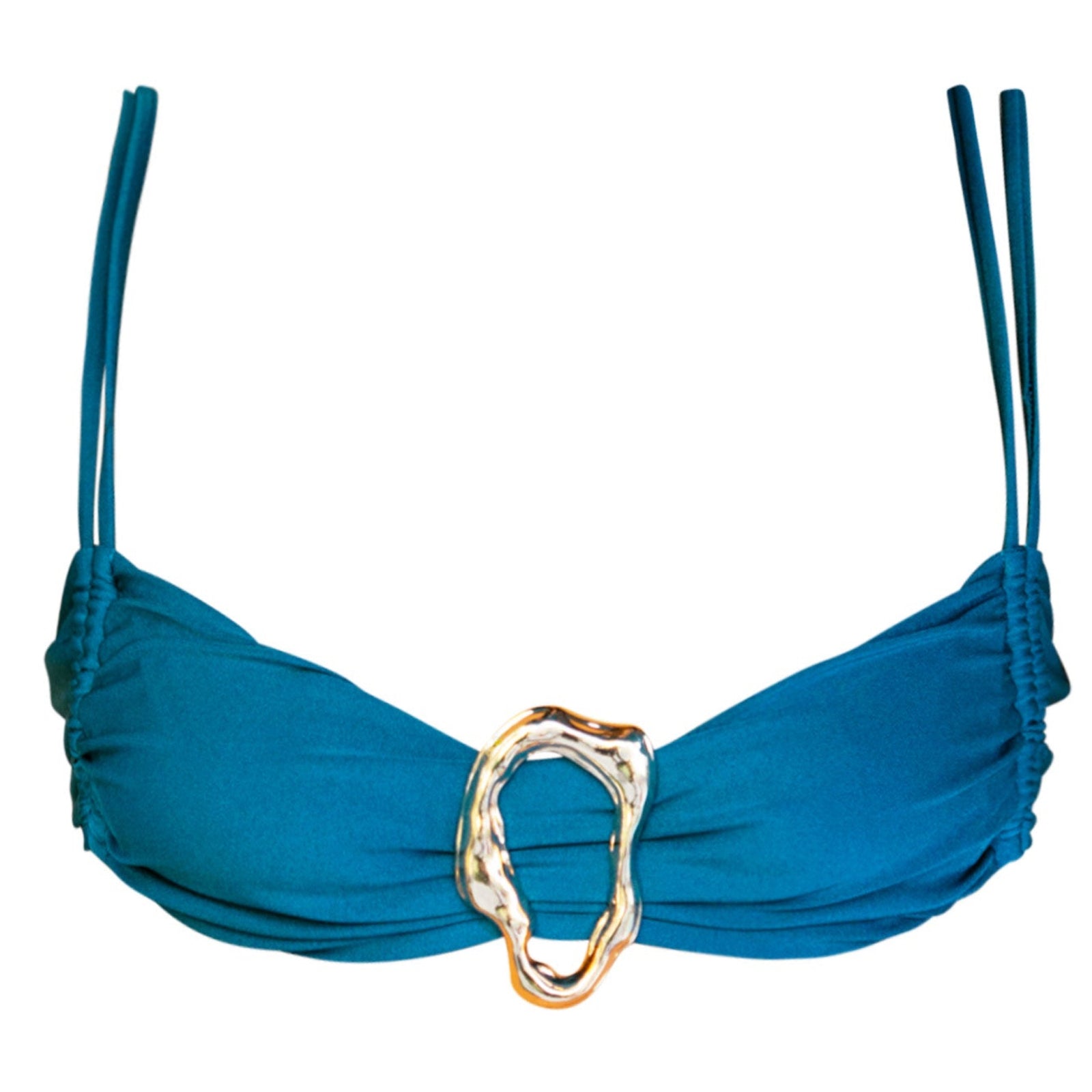 Blue bikini top with a gold buckle on a white background