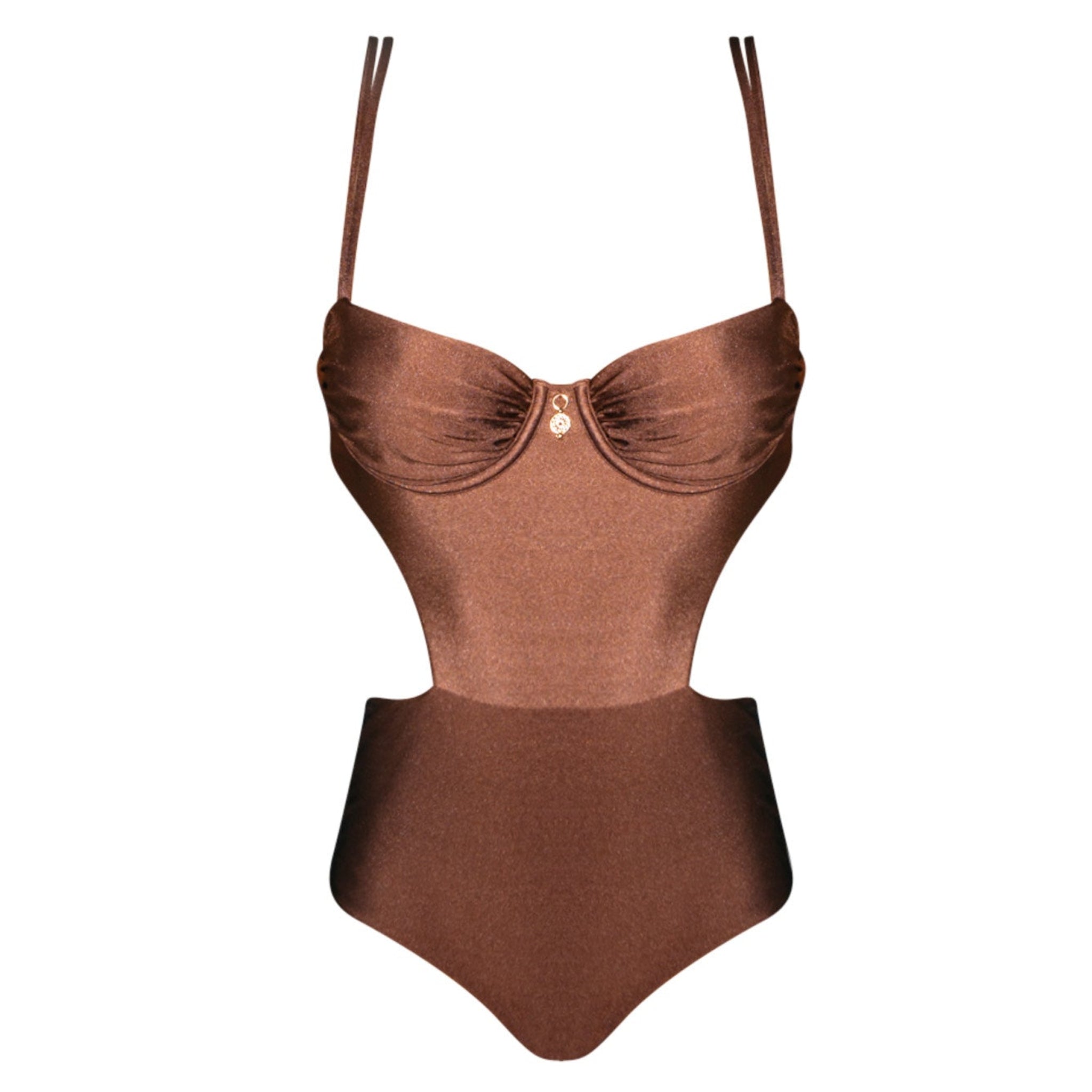 Brown swimsuit with thin straps on a white background