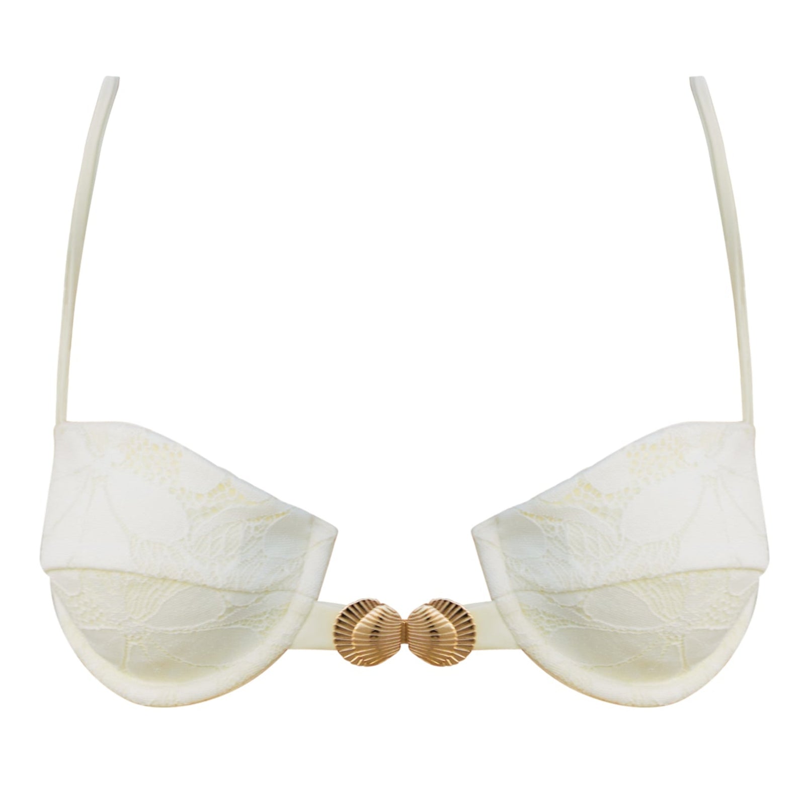 White bikini top with gold accents on a white background
