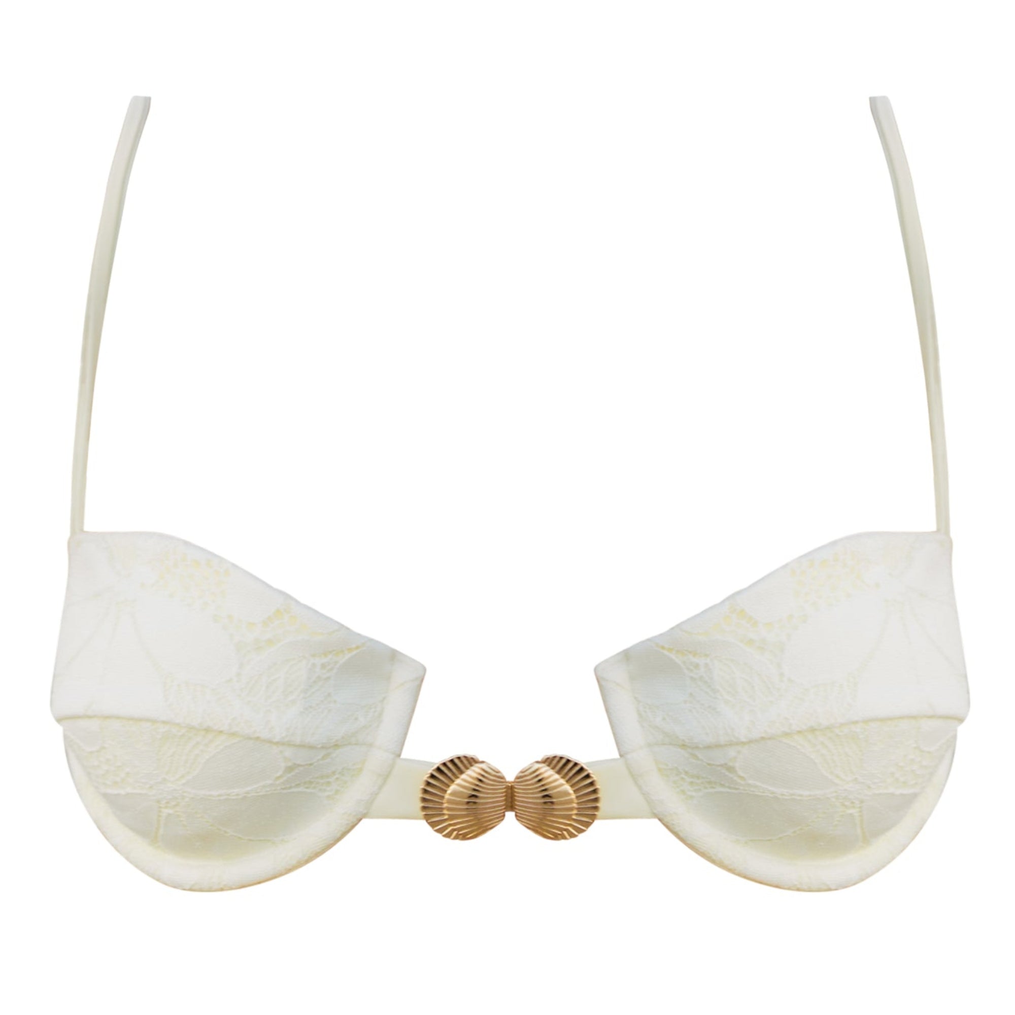 White bikini top with gold accents on a white background