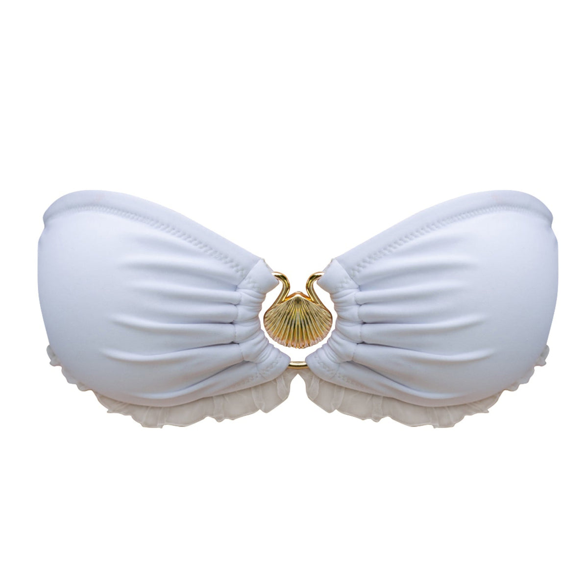 White bikini top with a gold shell design on a white background