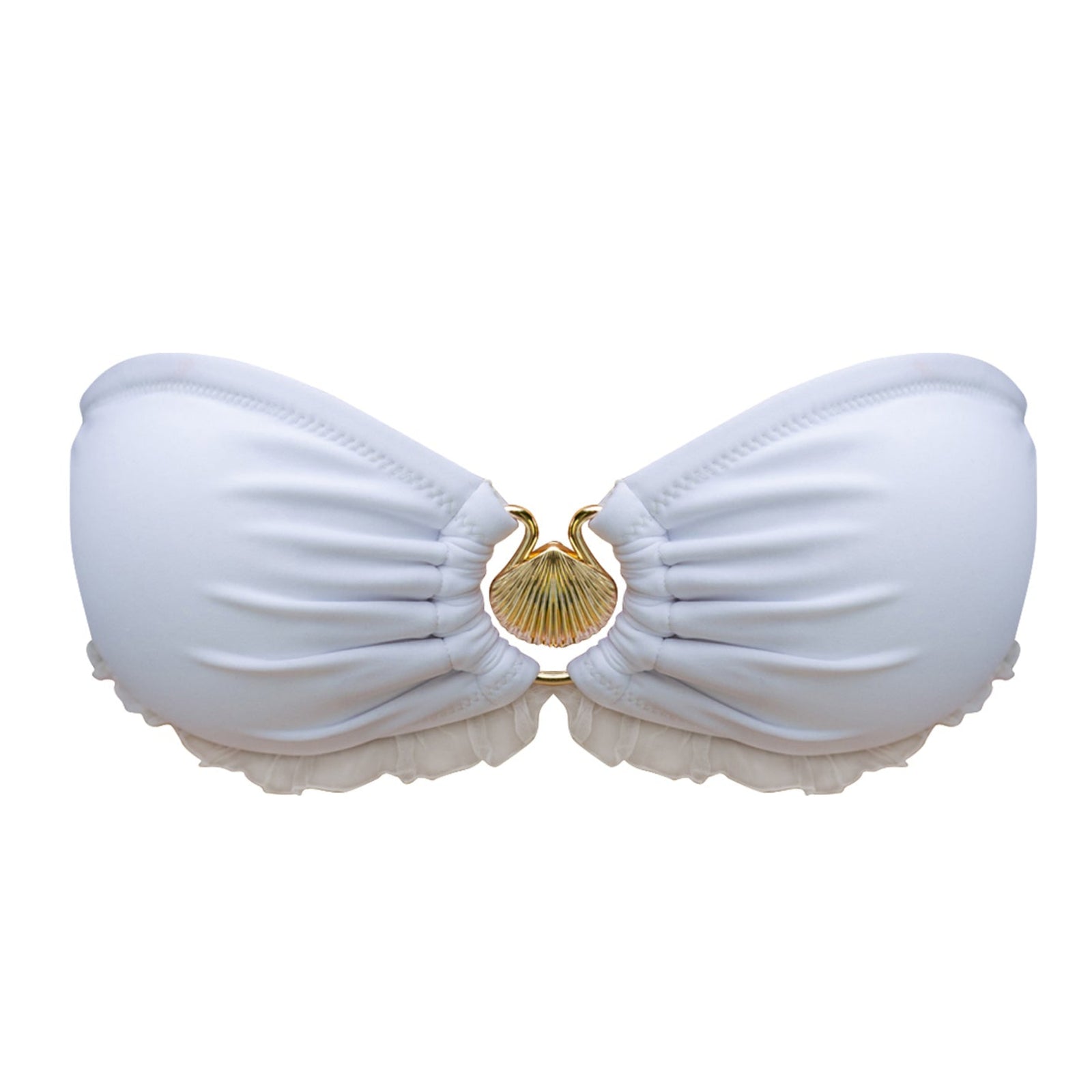 White bikini top with a gold shell design on a white background