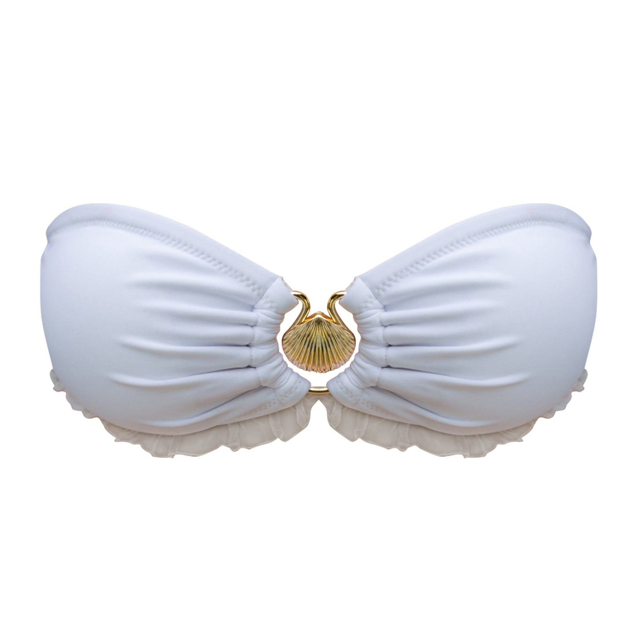White bikini top with a gold shell design on a white background