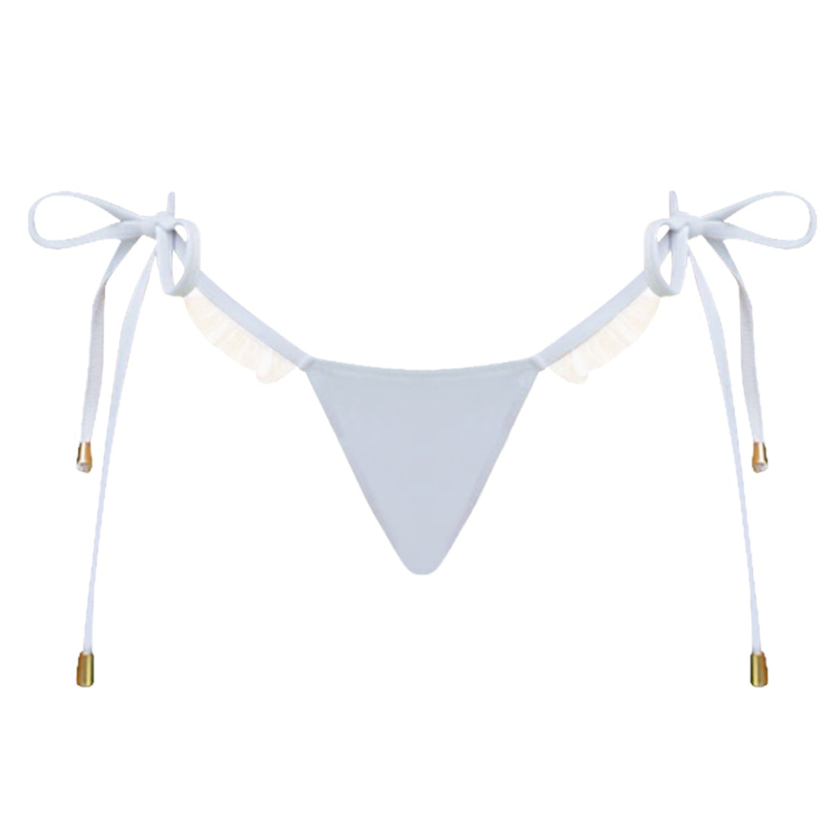 Light blue bikini bottom with white straps on a white background