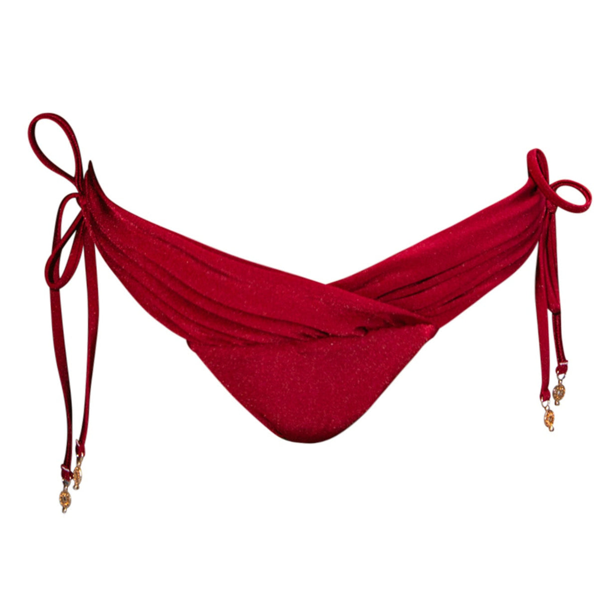 Red bikini bottom with tie straps on a white background