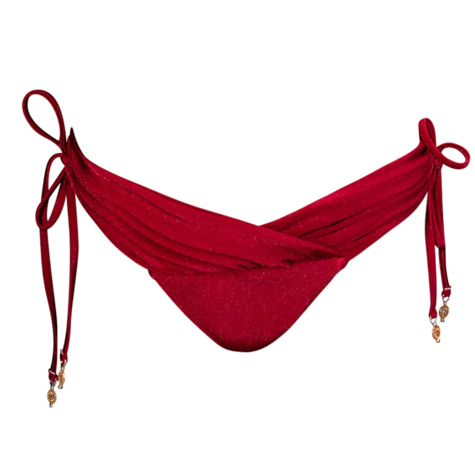 Red bikini bottom with tie straps on a white background