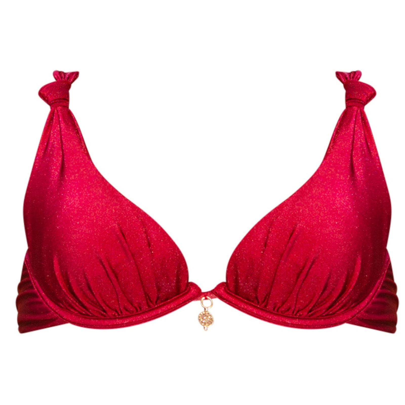 Red bra with a gold charm on a white background